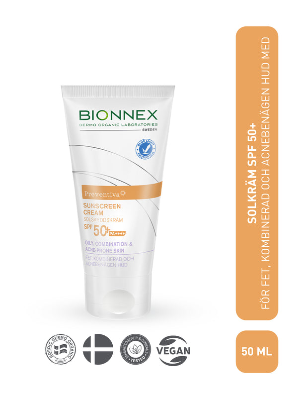 PREVENTIVA SOLKRÄM FÖR FET, KOMBINERAD OCH ACNEBENÄGEN HUD MED SPF 50+